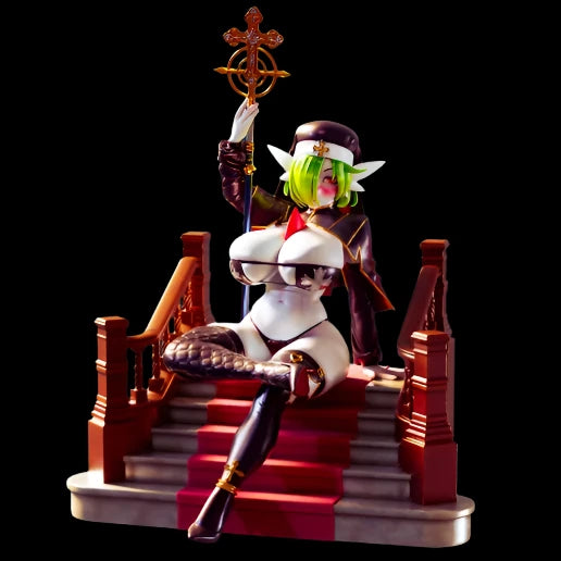 Detailed collectible sculpture of a seated elven matron holding a staff, one leg crossed. Staircase base with red runner adds luxury presentation. For mature art collectors and custom paintwork.