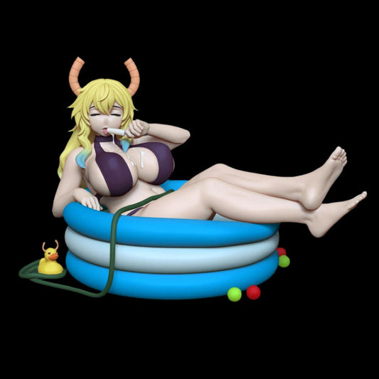 Stylised horned anime girl lounging in a blue inflatable pool with playful expression, sipping from a garden hose. Dressed in a sculpted bikini top with exaggerated proportions, legs extended in a relaxed pose. Includes horned duck figure and side details like festive pool float beads.