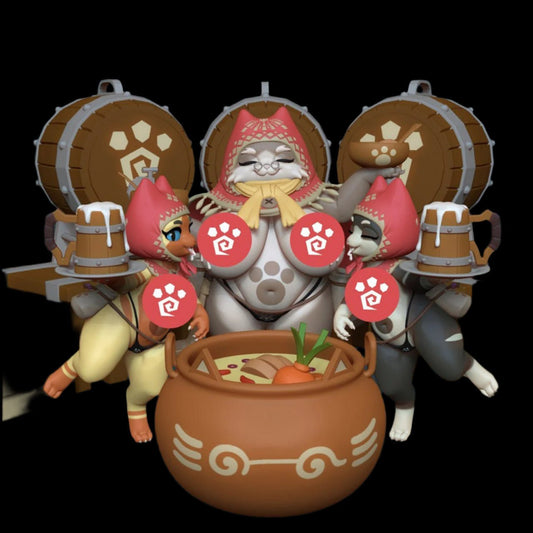 Resin diorama featuring a round cat cook flanked by two smaller feline helpers in festive hoods, each holding mugs and red crest shields. Central stew pot and oversized barrels suggest a fantasy tavern theme.