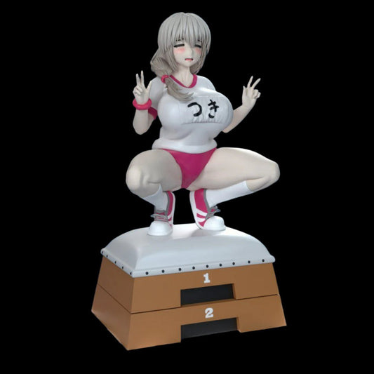 Adult resin figure of a sporty anime girl squatting atop a numbered gym podium. Character wears high-cut red bloomers, tight white shirt stretched over a stylised chest, and twin peace-sign pose. Designed as a cheeky boutique pinup piece for mature art collectors.