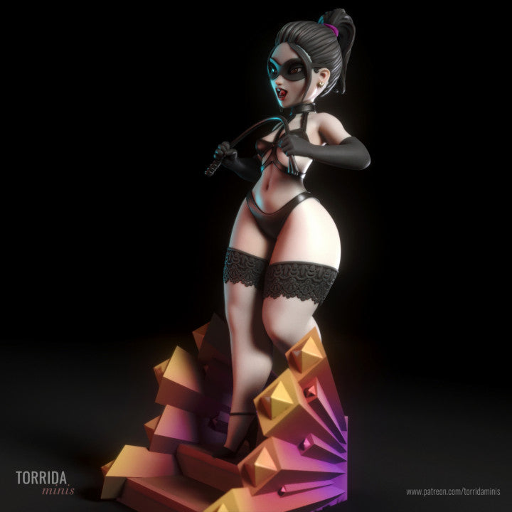 Dynamic three-quarter pose of a chibi-style dominatrix character wielding a riding crop, with high-contrast lighting on angular base. Boutique resin miniature ideal for painting or shelf display. Scaled for 1/10 and 32mm collector formats.