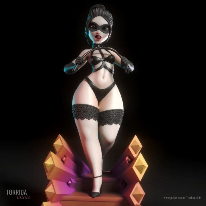 Stylised adult female miniature posed confidently atop a geometric stage with hands raised, wearing black strappy lingerie, thigh-high lace stockings, and mask. Fantasy art figure suitable for boutique display or hand-painting. Available in 1/10 and 32mm scale.