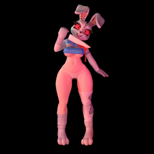 Full-body resin display statue of stitched anthro bunny in underwear and leg warmers, posed against red-blue screen stacks. Horror-themed sculpt with adult stylisation and boutique finish.