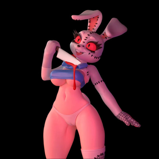 Anthro horror bunny variant in torn blue top and panties, blade lifted toward face. Seamline-styled design, red eyes, standing confidently before glitching monitors. Boutique display figure.