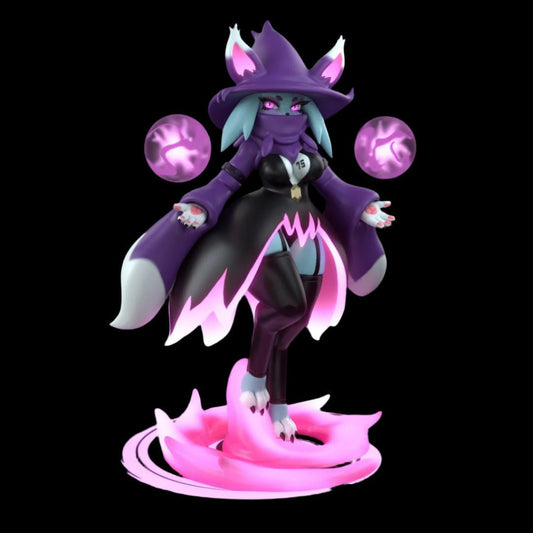 Stylised anthro sorceress figure floating with arms extended and magical orbs in each hand. Features oversized wizard hat, dramatic cloak with pink edging, high boots, and dual-toned bodysuit. Mounted on a swirling magical base in translucent pink.