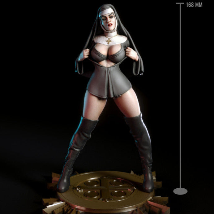 Fantasy resin figure of a nun-inspired woman posed confidently with hands on corset, wearing thigh-high boots and sculpted habit. Ideal for boutique display or advanced painting.
