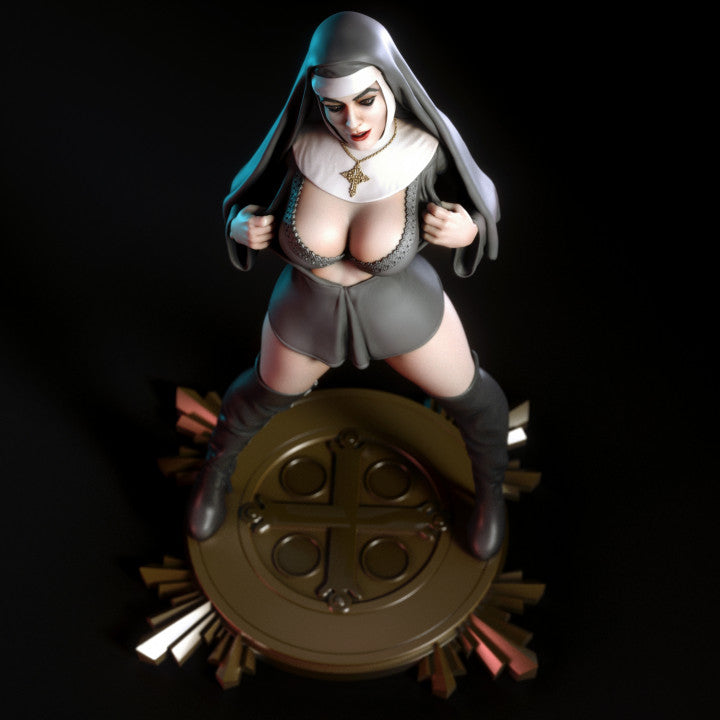Solid resin stylised nun character viewed from above, showing detailed cleavage sculpt, tight corset lacing, and wide-stance pose. Rich in surface contrast and texture.