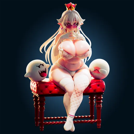 Seated fantasy ghost queen figure wearing detailed lace undergarments, posed on a red tufted throne bench. Two floating companion spirits at her sides. Thick white hair, crown, and thigh-high socks. Solid resin collectible suitable for boutique display or custom painting.