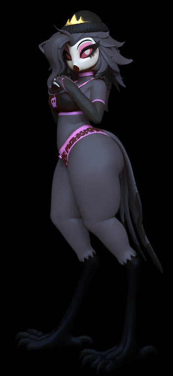 Stylised anthro bird character figure in pink patterned lingerie and crown beanie, posed with one hand near her chest in a reserved stance. Features long dark feathers, clawed talons, and a soft, curvy body sculpt.