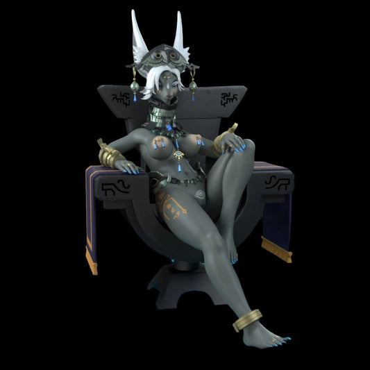 Dark-skinned fantasy queen figure seated on an ornate throne, adorned with tribal jewellery, golden accessories, and ceremonial headdress. Bare-chested with mystical runes across body and legs.