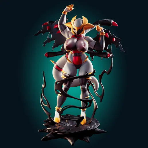 Powerful fantasy-themed figure standing tall with gold-tipped wings, flowing base shapes, and muscular stylisation. Collector resin piece ideal for boutique display or detailed hand-painting.