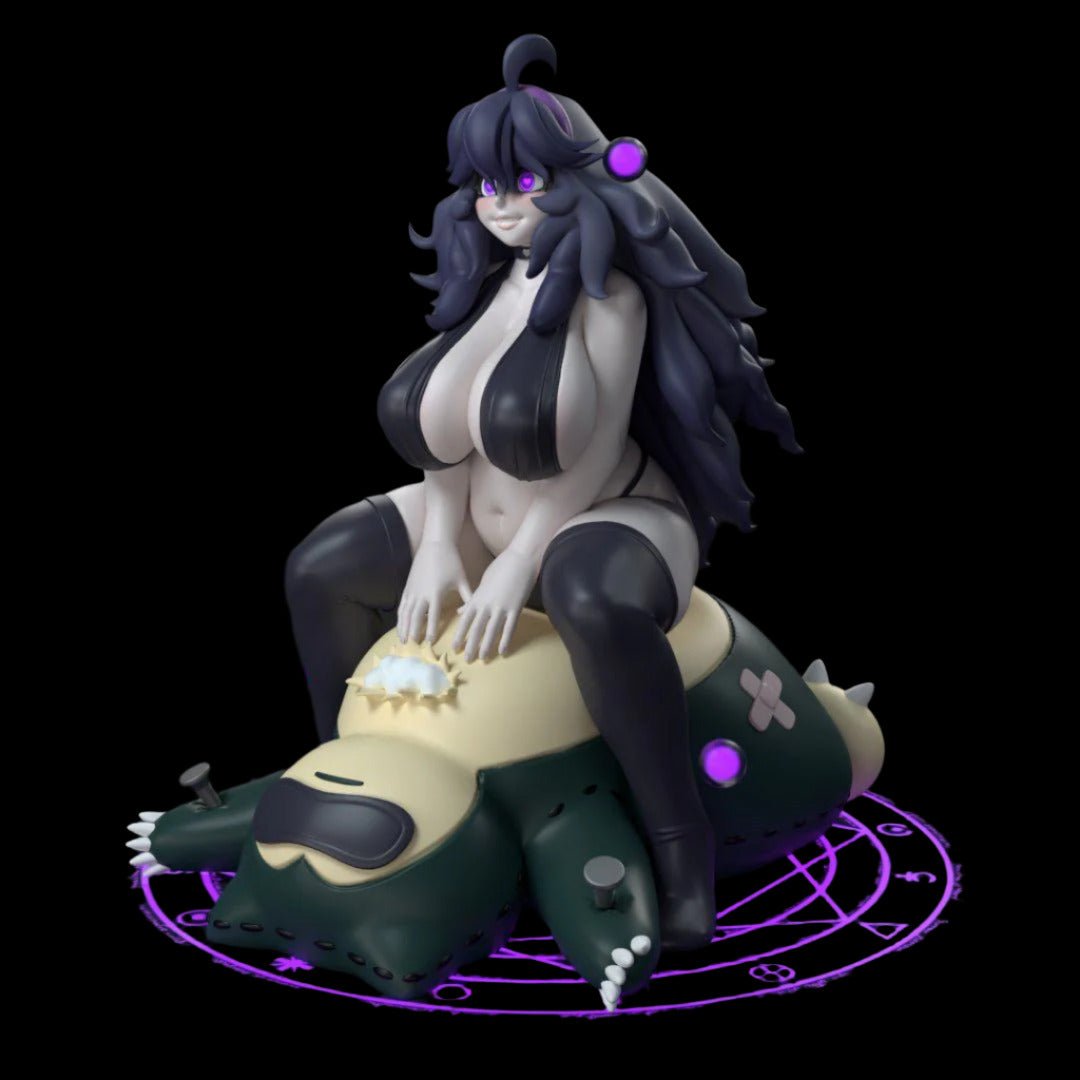 Fantasy woman with long flowing black hair and glowing purple eyes, seated confidently atop a chibi monster plush with stitched eyes and a ritual-style base circle. Character features exaggerated curves, black thigh-high boots, and a revealing bodysuit. Dark magical theme with playful goth influences.