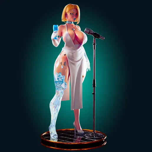 Statue of a woman in a white outfit with a microphone and drink on a dark background