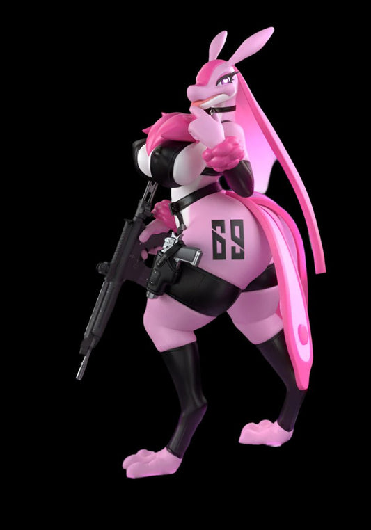 Full-body view of anthro bunny resin statue in alternate tactical colour scheme with black-and-white highlights, pink accents, and cheeky “69” leg marking. Sculpt includes detailed accessories like a slung rifle, holster, utility belt, and raised hand gesture.