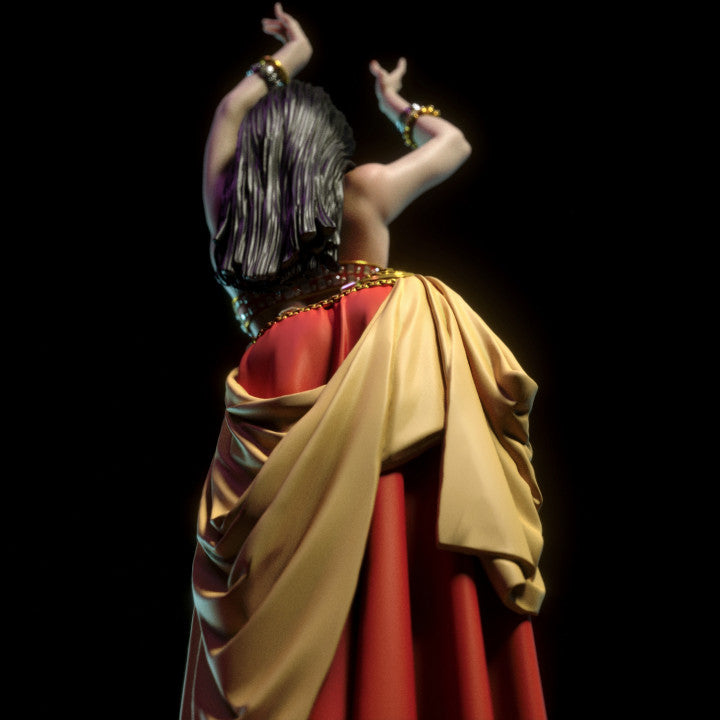 Back view of premium resin dancer statue showcasing sculpted fabric folds, gathered drapery, and raised arm gesture. Artisan-quality model for collector showcase.