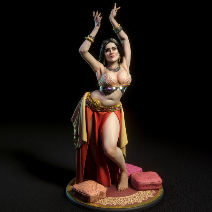 Solid resin belly dancer figure in mid-pose with raised arms, vibrant red skirt, and intricate jewellery. Boutique collectible ideal for display or hand-painting.